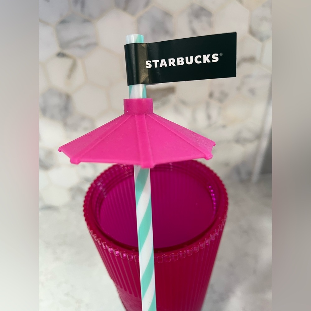 Starbucks 24 oz Pink Teal Ombré Tumbler w/ Pink Umbrella Straw Topper - Picture 4 of 7